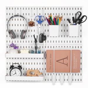 VEVOR Pegboard Combination Kit, 11″ x 11″ Plastic Pegboard, 4 Panels, Peg Board Wall Organizer Kit with Accessories, for Garage Tool Storage Kitchen Living Room Craft Room Office Bathroom Home, White