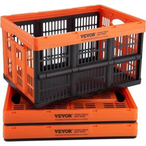 VEVOR Plastic Collapsible Storage Basket, 45L 3 Packs, Folding Stackable Storage Containers/Bins with Handles, Large Heavy Duty Containers for Clothes, Toys, Books, Snack, Shoes and Grocery Organizing(45L-Orange&Black)