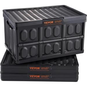 VEVOR Plastic Collapsible Storage Basket, 45L 3 Packs, Folding Stackable Storage Containers/Bins with Handles, Large Heavy Duty Containers for Clothes, Toys, Books, Snack, Shoes and Grocery Organizing(45L-Black)