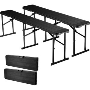 VEVOR Plastic Folding Bench, 6ft Portable Folding Bench, Smooth High Density Polyethylene Waterproof Outdoor Bench, Picnic Camping Table with Handle for Garden Soccer Playtime, White (2 Pack)(Black)