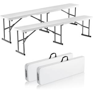 VEVOR Plastic Folding Bench, 6ft Portable Folding Bench, Smooth High Density Polyethylene Waterproof Outdoor Bench, Picnic Camping Table with Handle for Garden Soccer Playtime, White (2 Pack)(White)