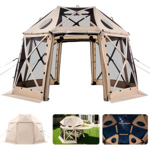 VEVOR Pop Up Gazebo Screen Tent 6 Sided Canopy Sun Shelter with 6 Removable Privacy Wind Cloths & Mesh Windows, 11.5×11.5FT Quick Set Screen Tent with Mosquito Netting, Brown(Beige)