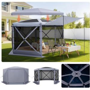VEVOR Pop Up Gazebo Screen Tent 6 Sided Canopy Sun Shelter with 6 Removable Privacy Wind Cloths & Mesh Windows, 11.5×11.5FT Quick Set Screen Tent with Mosquito Netting, Brown(Gray)