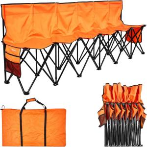 VEVOR Portable Folding Bench, 8 Seats Foldable Sideline Bench, Outdoor Camping Bench Chair with Carry Bag & Backrest, Team Sport Sideline Bench for Football Fishing, No Assembly Instant Seating, Black(Orange)