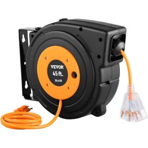 VEVOR Retractable Extension Cord Reel, 65 FT, Heavy Duty 12AWG/3C SJTOW Retractable Power Cord with Lighted Triple Tap Outlet, 15 Amp Circuit Breaker 180° Swivel Bracket for Ceiling or Wall Mount(Black & Orange)