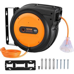 VEVOR Retractable Extension Cord Reel, 65 FT, Heavy Duty 12AWG/3C SJTOW Retractable Power Cord with Lighted Triple Tap Outlet, 15 Amp Circuit Breaker 180° Swivel Bracket for Ceiling or Wall Mount(Orange)