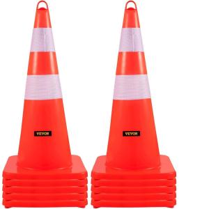 VEVOR Safety Cones, 12 x 28″ Traffic Cones, PVC Orange Construction Cones, 2 Reflective Collars Traffic Cones with Weighted Base and Hand-Held Ring Used for Traffic Control, Driveway Road Parking(10)