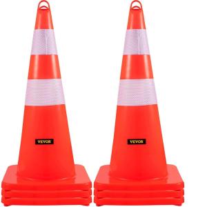 VEVOR Safety Cones, 12 x 28″ Traffic Cones, PVC Orange Construction Cones, 2 Reflective Collars Traffic Cones with Weighted Base and Hand-Held Ring Used for Traffic Control, Driveway Road Parking(6)