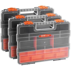 VEVOR Small Parts Organizer, 34-Compartment Double Side Tools Organizer Box with 24 Removable Dividers, PP Hardware Storage Box with Safety Latch & Portable Handle for Nuts, Bolts, Screws, Nails(3 PC)