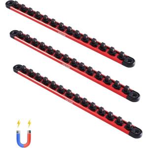 VEVOR Socket Organizer Rail Set, 3PCS Metric & SAE Aluminum Socket Organizers, 1/4”, 3/8” & 1/2” Heavy-Duty Socket Holder with 360° Rotating Clips for Tool Box, Hold up to 40 Sockets, Red & Black(Socket Rail Holder)