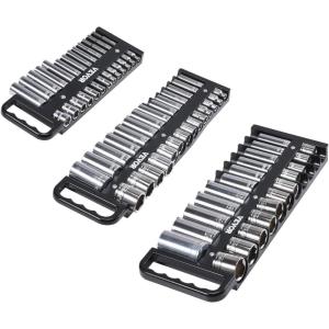 VEVOR Socket Organizer Rail Set, 3PCS Metric & SAE Aluminum Socket Organizers, 1/4”, 3/8” & 1/2” Heavy-Duty Socket Holder with 360° Rotating Clips for Tool Box, Hold up to 40 Sockets, Red & Black(Magnetic Socket Holder)