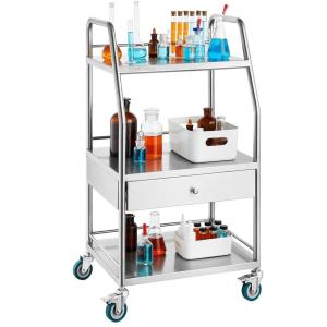VEVOR Stainless Steel Utility Cart with Wheels – Medical/Dental Lab Cart – 2 Shelves/1 Drawer(3 Shelves/ 1 Drawer)