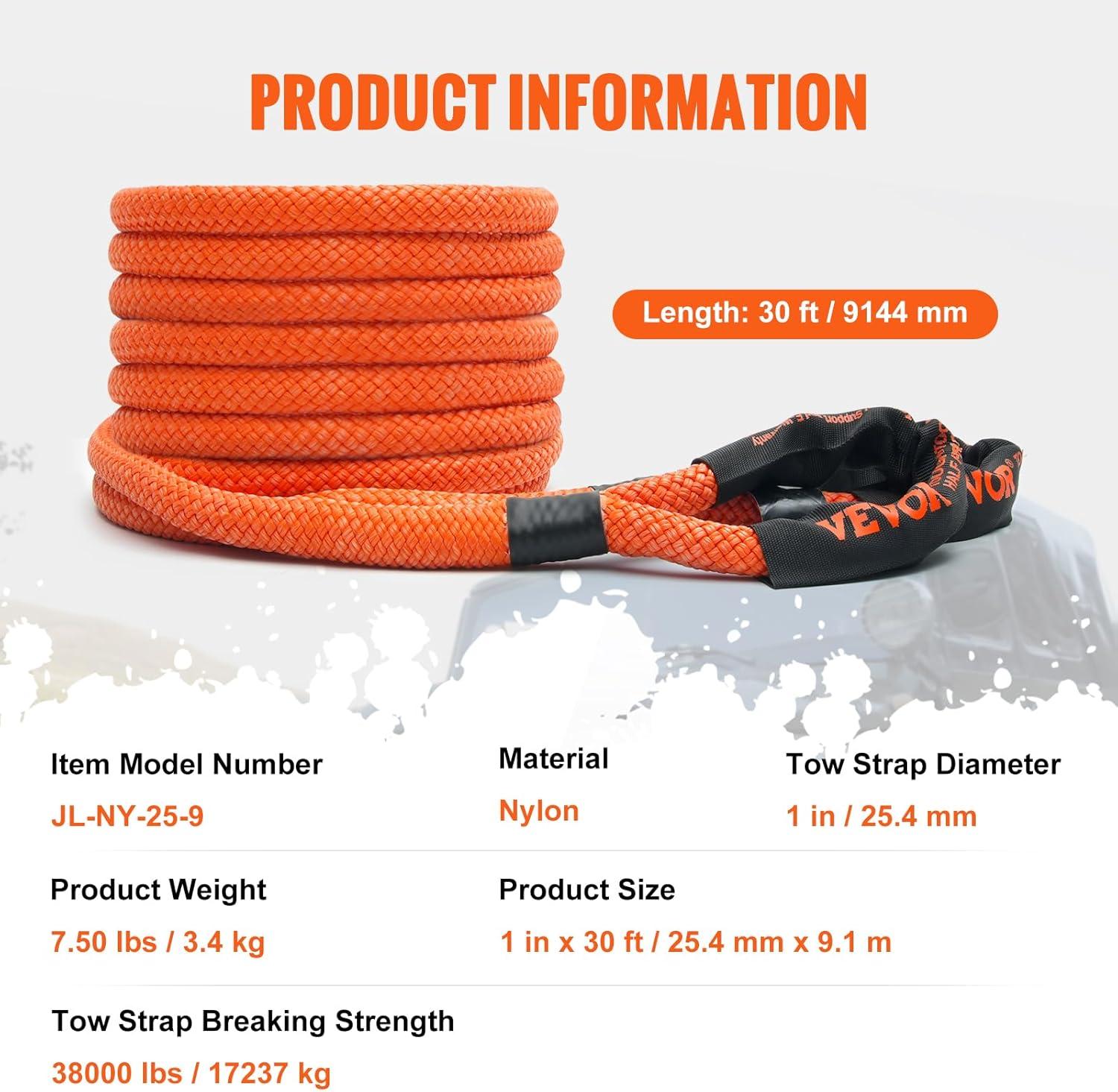 image:imageVEVOR 1 x 30 Kinetic Recovery Tow Rope 38000 lbs HeavyDuty Off Road Snatch Strap Extreme Duty 30 Elasticity Energy Snatch Strap for Jeep Car Truck ATV UTV SUV TractorOrange