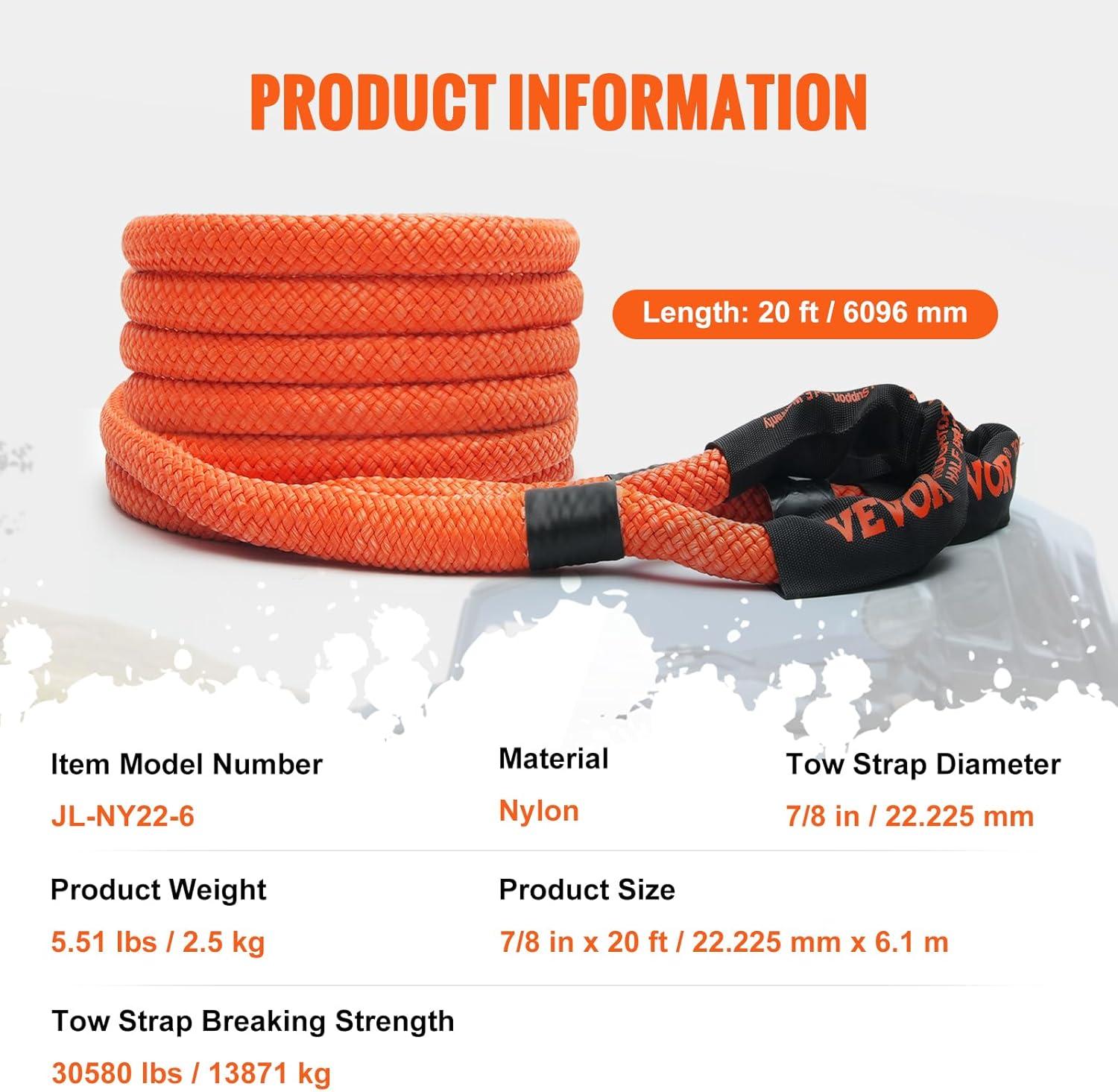 image:imageVEVOR 1 x 30 Kinetic Recovery Tow Rope 38000 lbs HeavyDuty Off Road Snatch Strap Extreme Duty 30 Elasticity Energy Snatch Strap for Jeep Car Truck ATV UTV SUV TractorOrange
