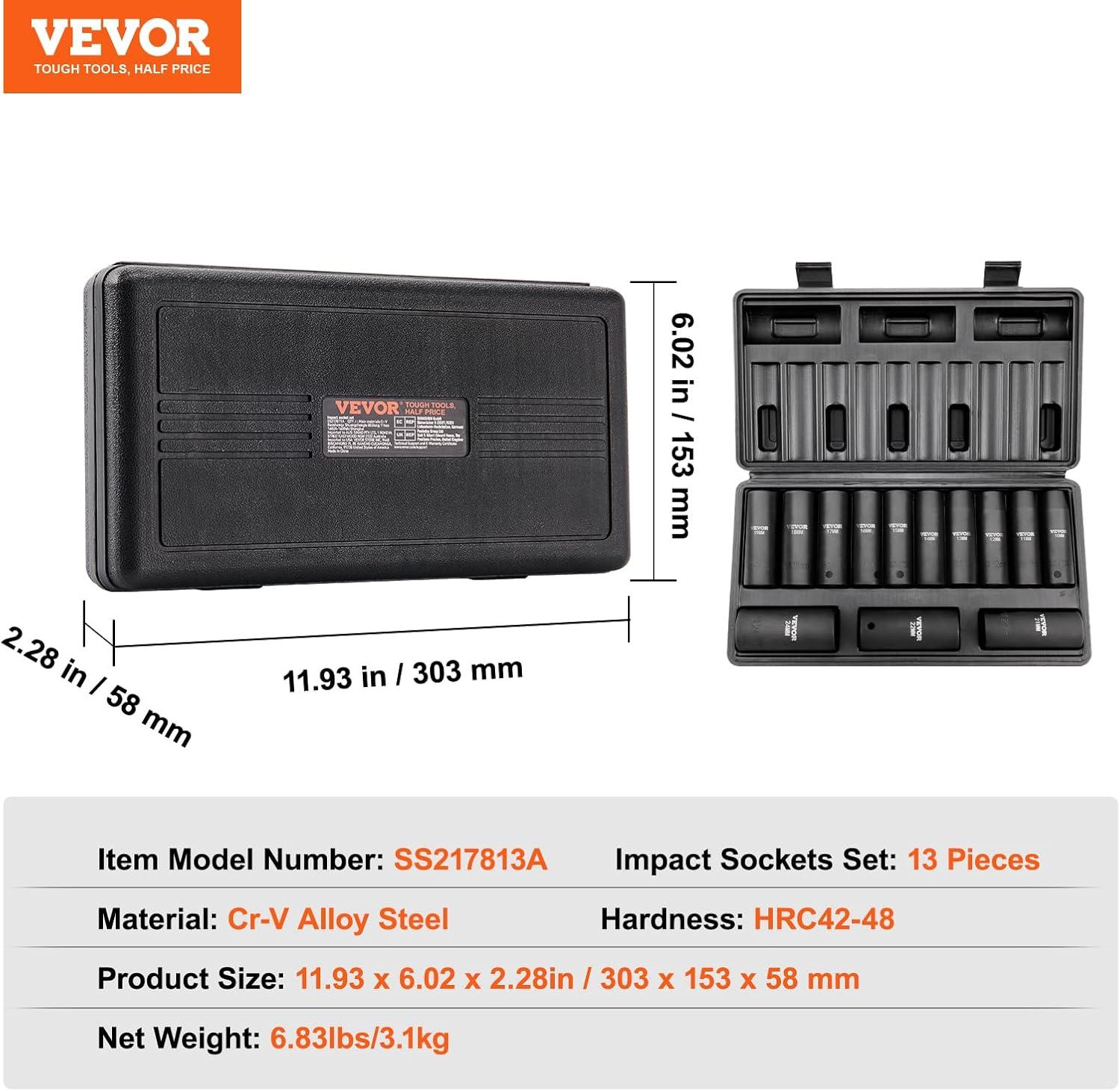 image:imageVEVOR 12 Drive Impact Socket Set 13 Piece Deep Socket Set Metric 1024mm 6 Point CRV Alloy Steel for Auto Repair EasytoRead Size Markings Rugged Construction Includes Storage Case12 13PCS