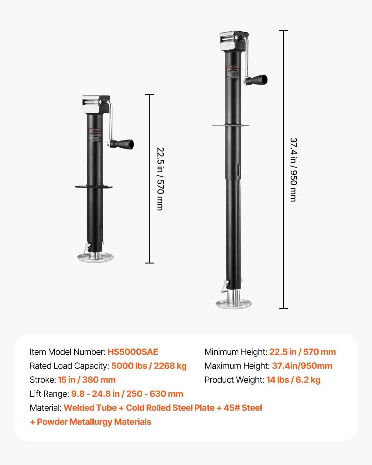 image:imageVEVOR 5000 lbs AFrame Trailer Jack 15 Vertical Travel Adjustable Drop Leg for Horse Utility Yacht Trailers5000 lbs 15 inch Stroke