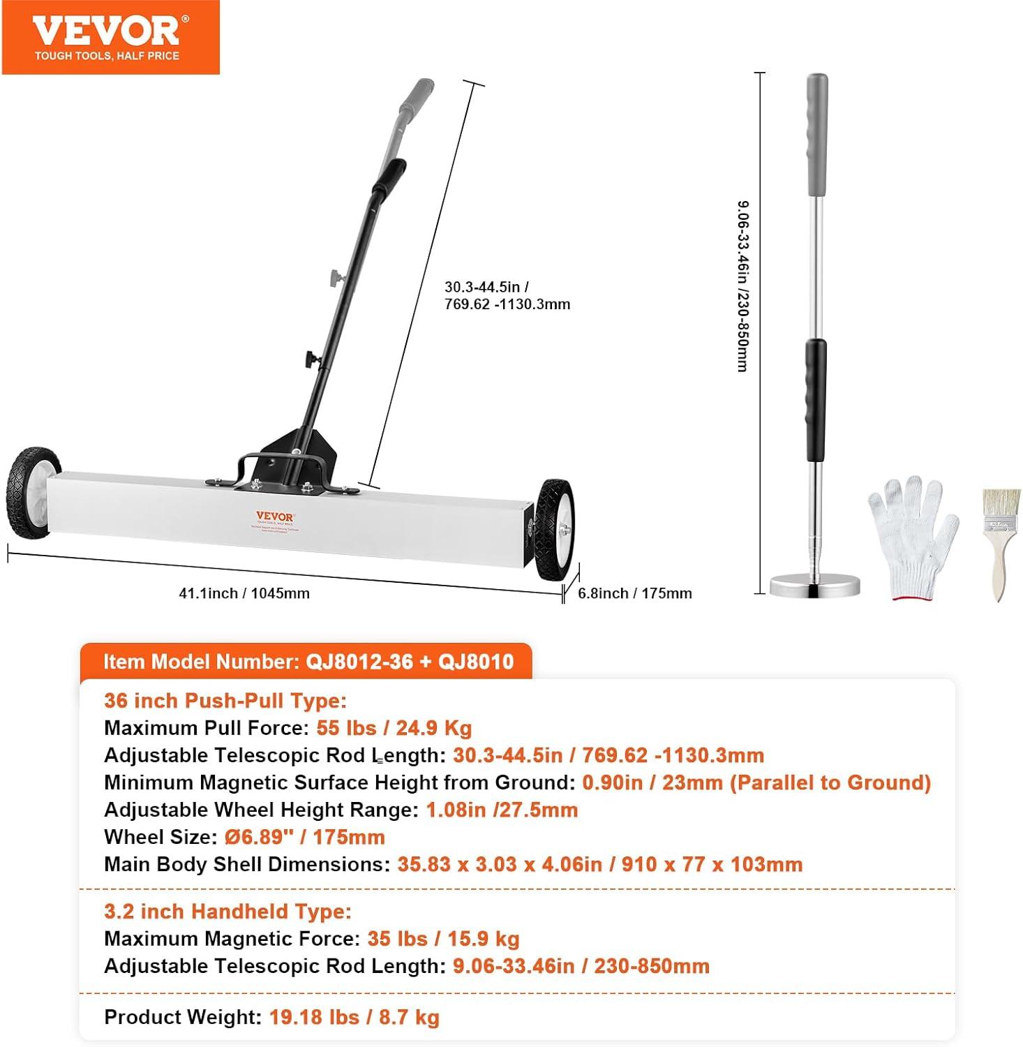 image:imageVEVOR 55Lbs Rolling Magnetic Sweeper with Wheels 36inch Large Magnet Pickup Lawn Sweeper with Telescoping Handle PushType Magnetic Pick Up Sweeper Easy Cleanup of Workshop Yard Garage36InchSet