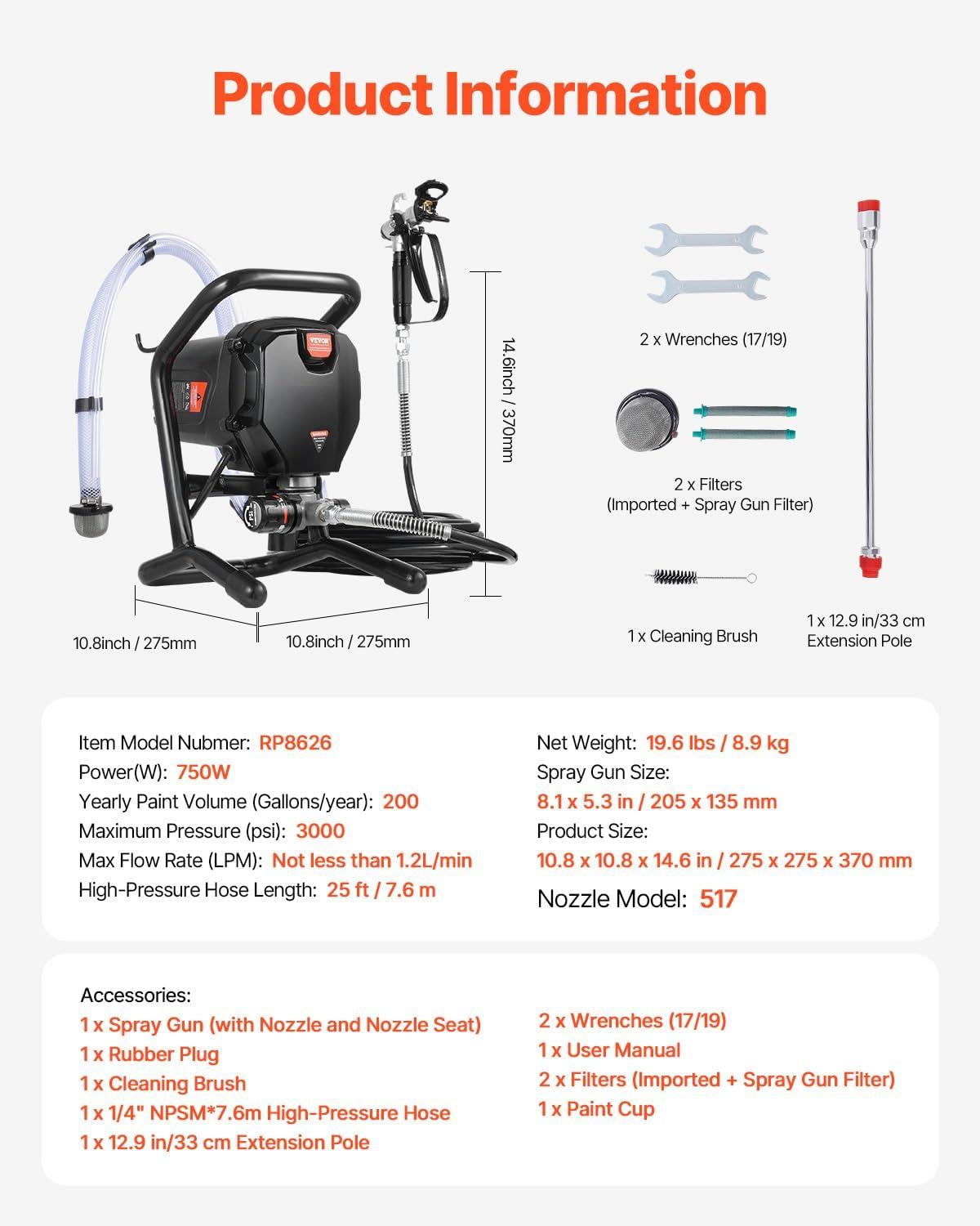 image:imageVEVOR 750W Stand Airless Paint Sprayer 3000PSI High Efficiency Electric Airless Sprayer Fine and Even Painting Effect Handheld Paint Sprayers for Home Interior and Exterior Furniture and Fences750W Stand Airless Paint Sprayer