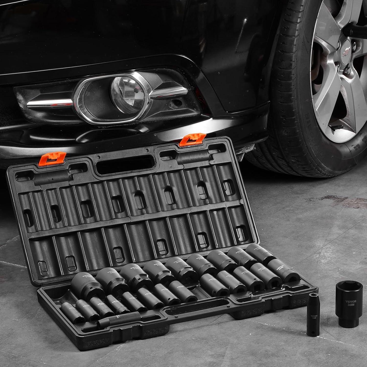 image:imageVEVOR 96 Piece 38 Drive Impact Socket Wrench and Bit Set SAE 516 to 34 amp Metric 8 to 22 mm CRV Deep amp Shallow 6 Point Ratchet Universal Joint Bit Holder Adapters Spark Plug Socket12 26PCS