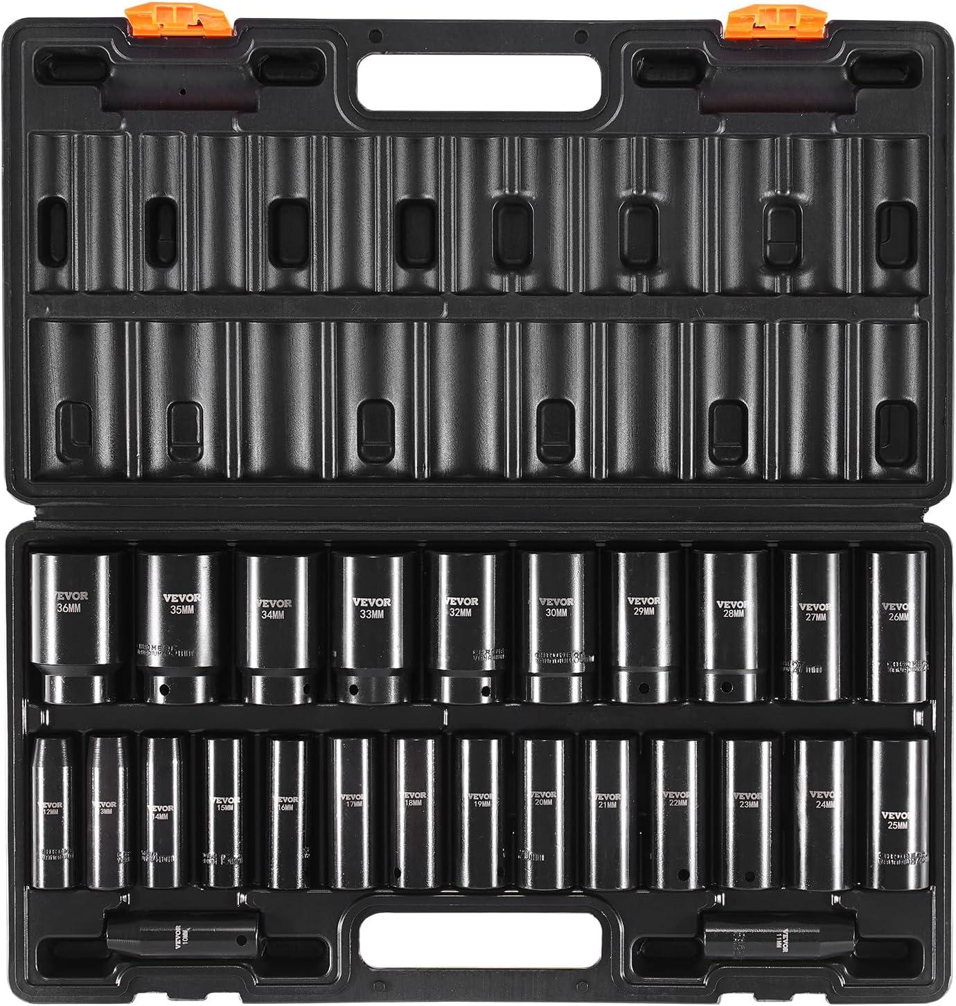 image:imageVEVOR 96 Piece 38 Drive Impact Socket Wrench and Bit Set SAE 516 to 34 amp Metric 8 to 22 mm CRV Deep amp Shallow 6 Point Ratchet Universal Joint Bit Holder Adapters Spark Plug Socket12 26PCS