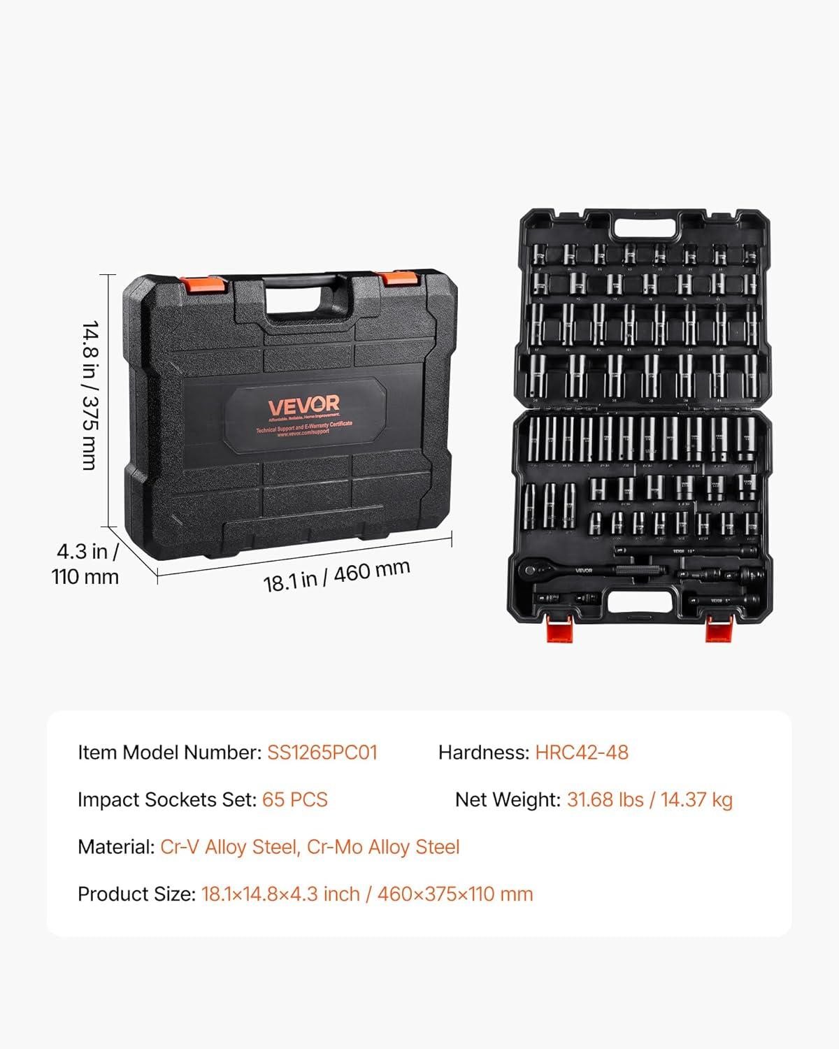 image:imageVEVOR 96 Piece 38 Drive Impact Socket Wrench and Bit Set SAE 516 to 34 amp Metric 8 to 22 mm CRV Deep amp Shallow 6 Point Ratchet Universal Joint Bit Holder Adapters Spark Plug Socket12 65PCS