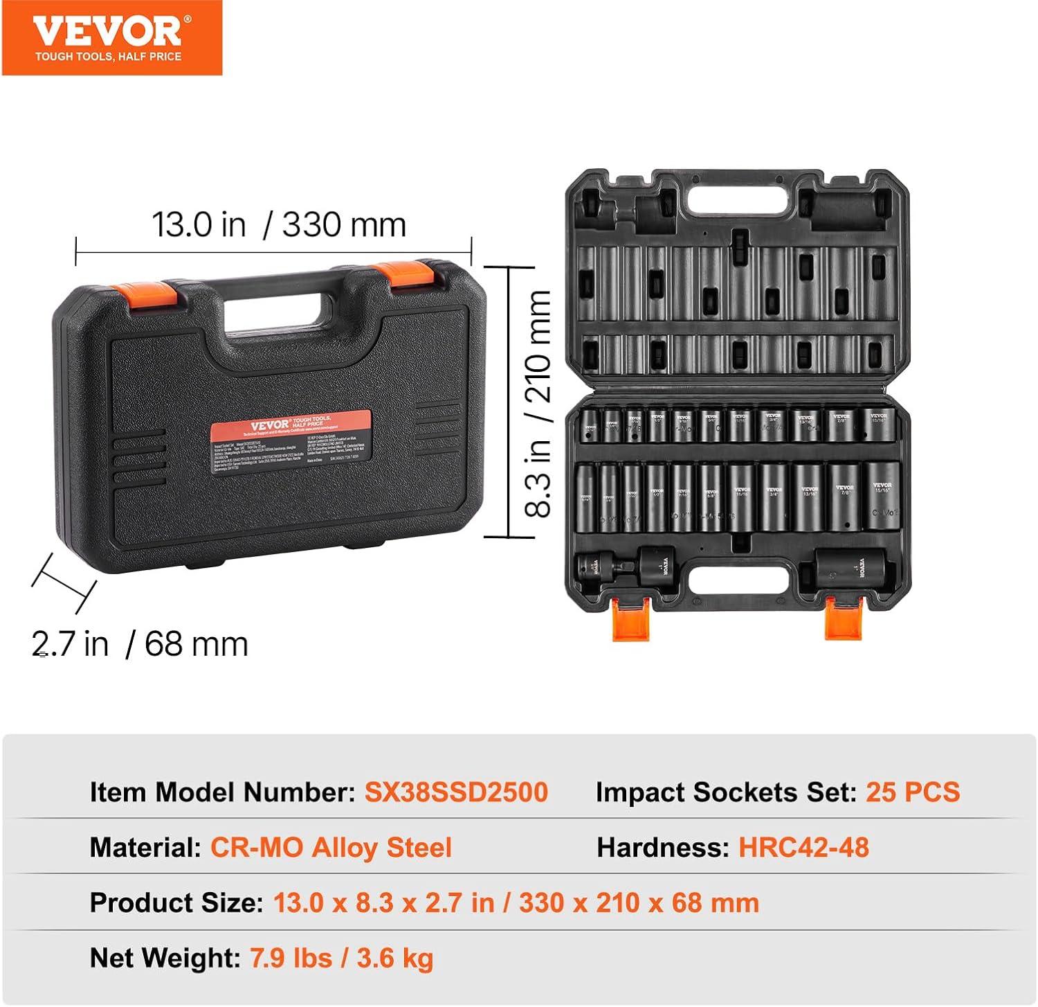 image:imageVEVOR 96 Piece 38 Drive Impact Socket Wrench and Bit Set SAE 516 to 34 amp Metric 8 to 22 mm CRV Deep amp Shallow 6 Point Ratchet Universal Joint Bit Holder Adapters Spark Plug Socket38 25PCS CRMO