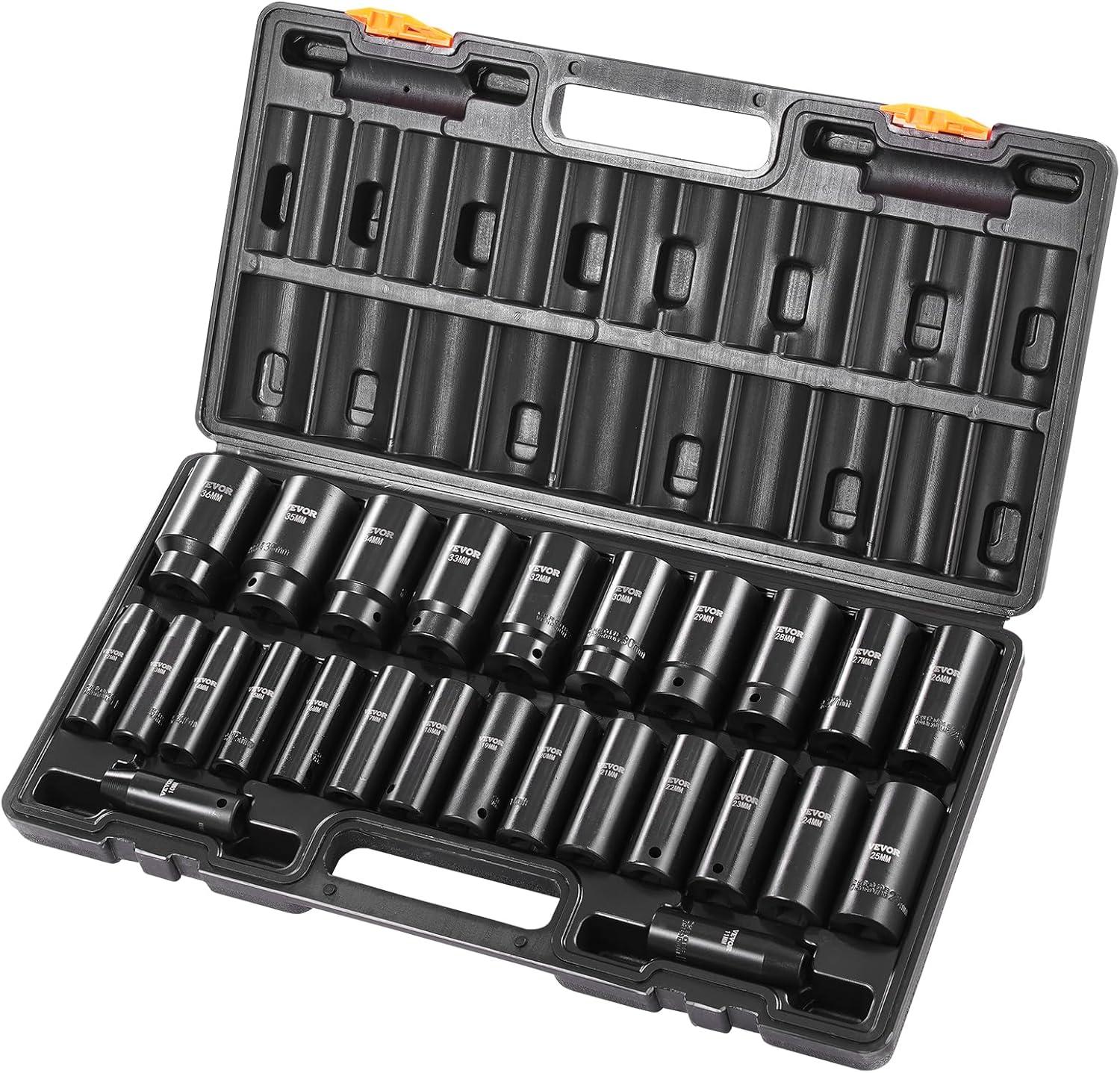 image:imageVEVOR 96 Piece 38 Drive Impact Socket Wrench and Bit Set SAE 516 to 34 amp Metric 8 to 22 mm CRV Deep amp Shallow 6 Point Ratchet Universal Joint Bit Holder Adapters Spark Plug Socket12 26PCS