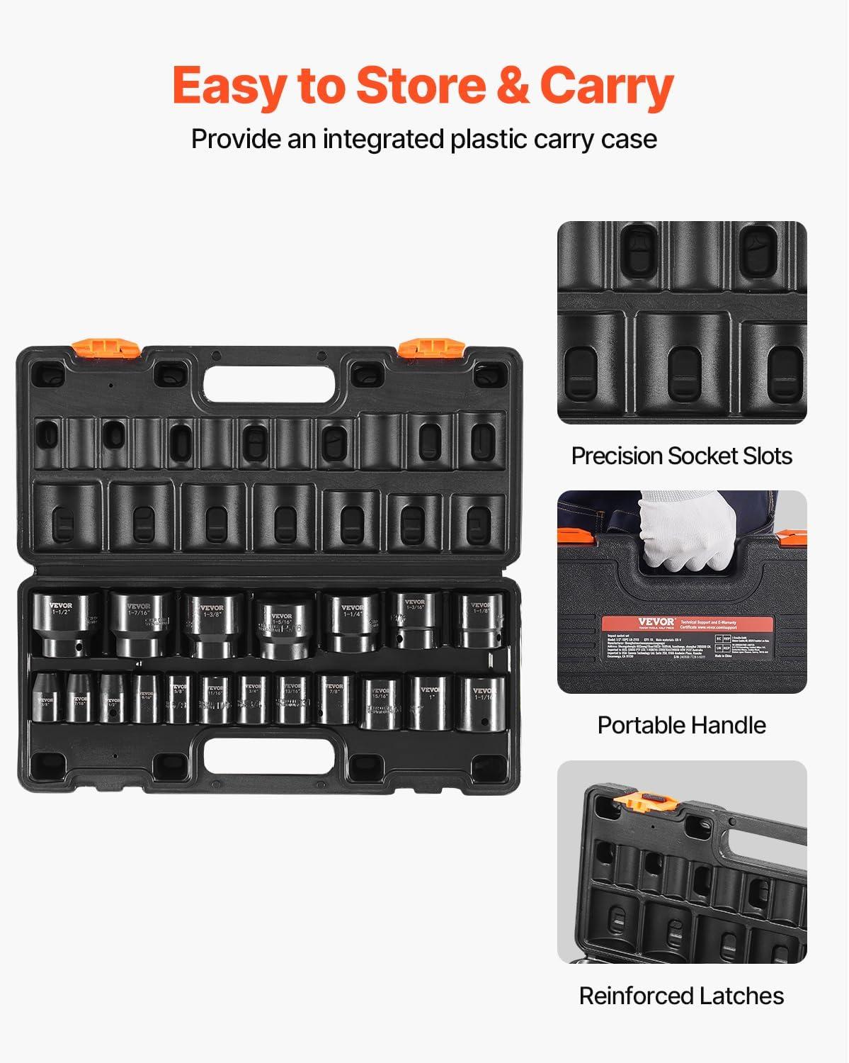 image:imageVEVOR 96 Piece 38 Drive Impact Socket Wrench and Bit Set SAE 516 to 34 amp Metric 8 to 22 mm CRV Deep amp Shallow 6 Point Ratchet Universal Joint Bit Holder Adapters Spark Plug Socket12 19PCS