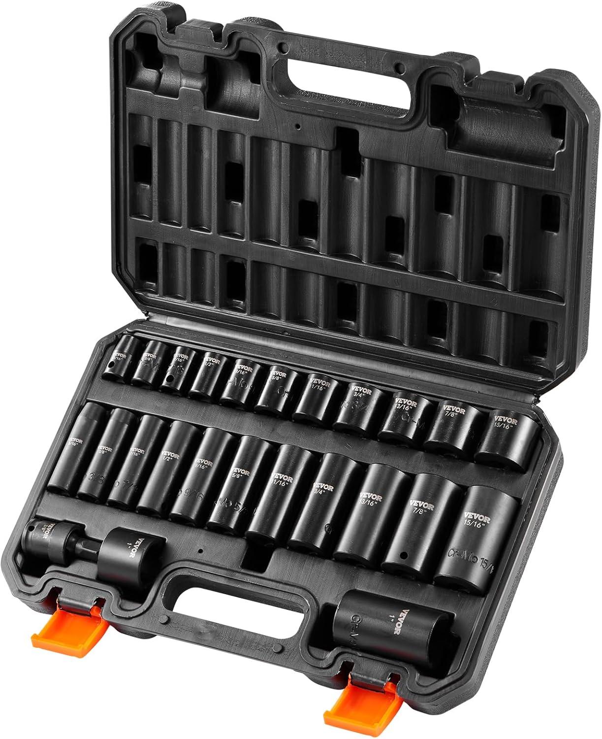 image:imageVEVOR 96 Piece 38 Drive Impact Socket Wrench and Bit Set SAE 516 to 34 amp Metric 8 to 22 mm CRV Deep amp Shallow 6 Point Ratchet Universal Joint Bit Holder Adapters Spark Plug Socket38 25PCS CRMO