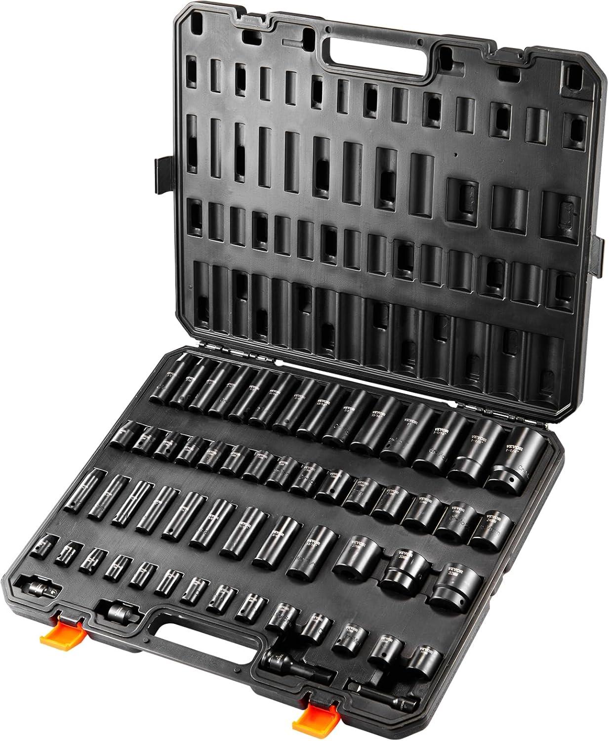 image:imageVEVOR 96 Piece 38 Drive Impact Socket Wrench and Bit Set SAE 516 to 34 amp Metric 8 to 22 mm CRV Deep amp Shallow 6 Point Ratchet Universal Joint Bit Holder Adapters Spark Plug Socket12 38 59PCS CRMO