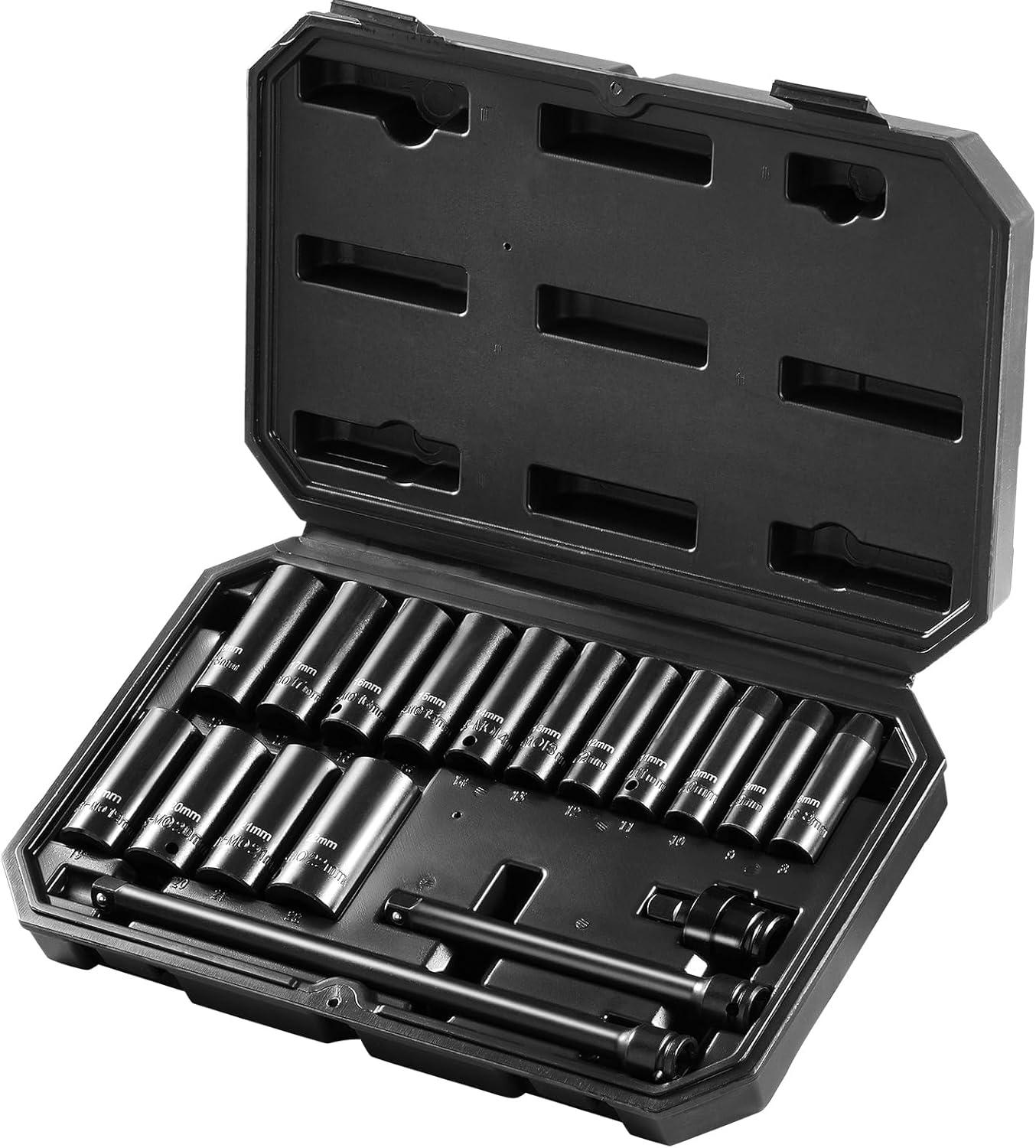 image:imageVEVOR 96 Piece 38 Drive Impact Socket Wrench and Bit Set SAE 516 to 34 amp Metric 8 to 22 mm CRV Deep amp Shallow 6 Point Ratchet Universal Joint Bit Holder Adapters Spark Plug Socket38 18PCS