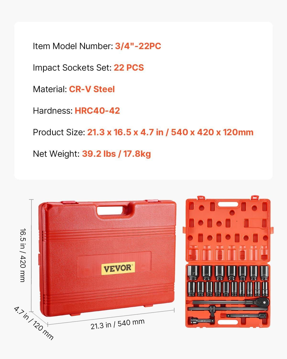 image:imageVEVOR 96 Piece 38 Drive Impact Socket Wrench and Bit Set SAE 516 to 34 amp Metric 8 to 22 mm CRV Deep amp Shallow 6 Point Ratchet Universal Joint Bit Holder Adapters Spark Plug Socket34 22PCS
