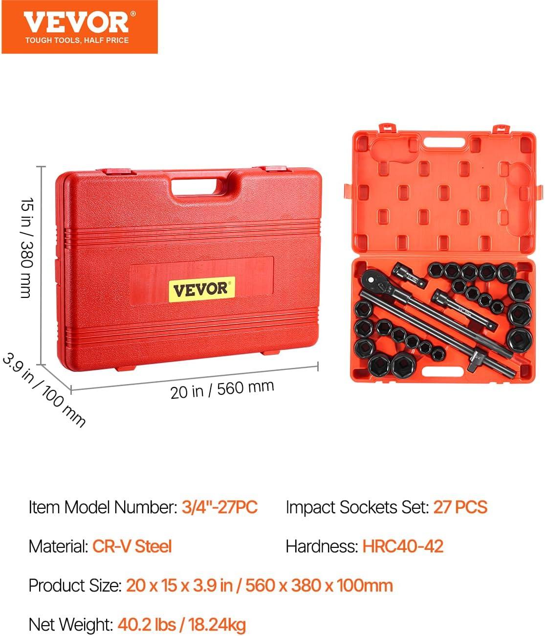 image:imageVEVOR 96 Piece 38 Drive Impact Socket Wrench and Bit Set SAE 516 to 34 amp Metric 8 to 22 mm CRV Deep amp Shallow 6 Point Ratchet Universal Joint Bit Holder Adapters Spark Plug Socket34 27PCS