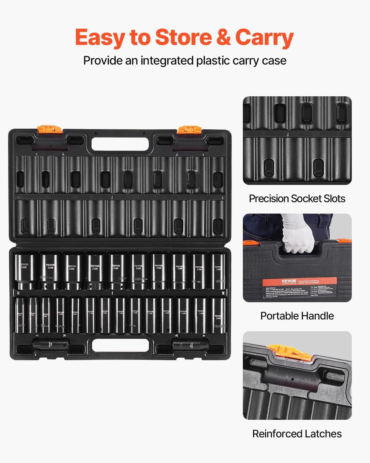 image:imageVEVOR 96 Piece 38 Drive Impact Socket Wrench and Bit Set SAE 516 to 34 amp Metric 8 to 22 mm CRV Deep amp Shallow 6 Point Ratchet Universal Joint Bit Holder Adapters Spark Plug Socket12 26PCS