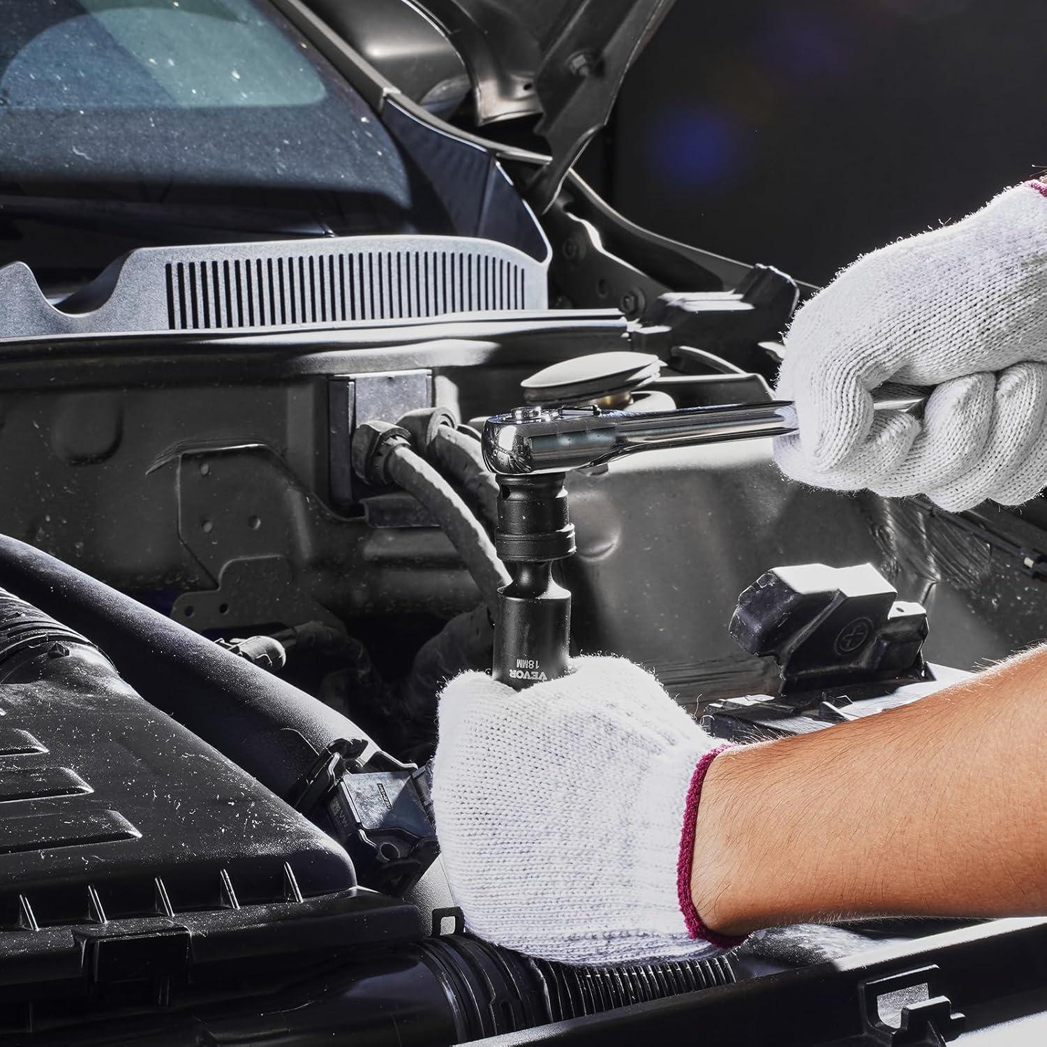 image:imageVEVOR 96 Piece 38 Drive Impact Socket Wrench and Bit Set SAE 516 to 34 amp Metric 8 to 22 mm CRV Deep amp Shallow 6 Point Ratchet Universal Joint Bit Holder Adapters Spark Plug Socket38 14PCS Universal CRMO