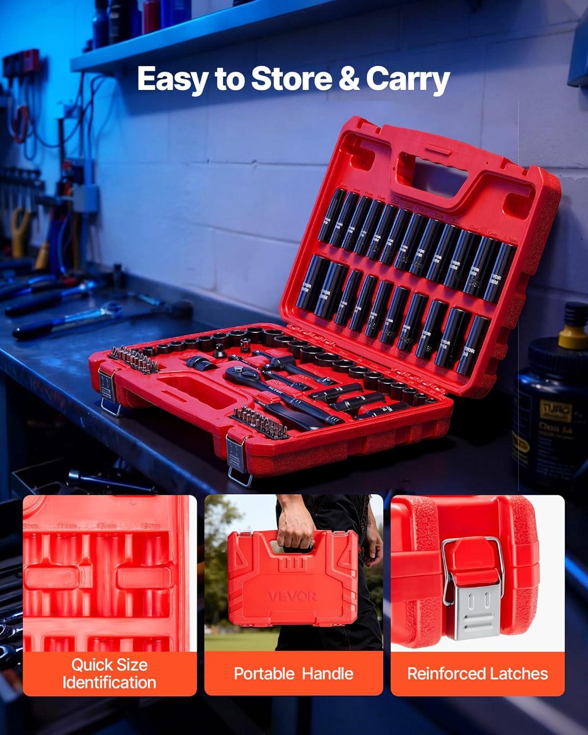 image:imageVEVOR 96 Piece 38 Drive Impact Socket Wrench and Bit Set SAE 516 to 34 amp Metric 8 to 22 mm CRV Deep amp Shallow 6 Point Ratchet Universal Joint Bit Holder Adapters Spark Plug Socket38 96 PCS