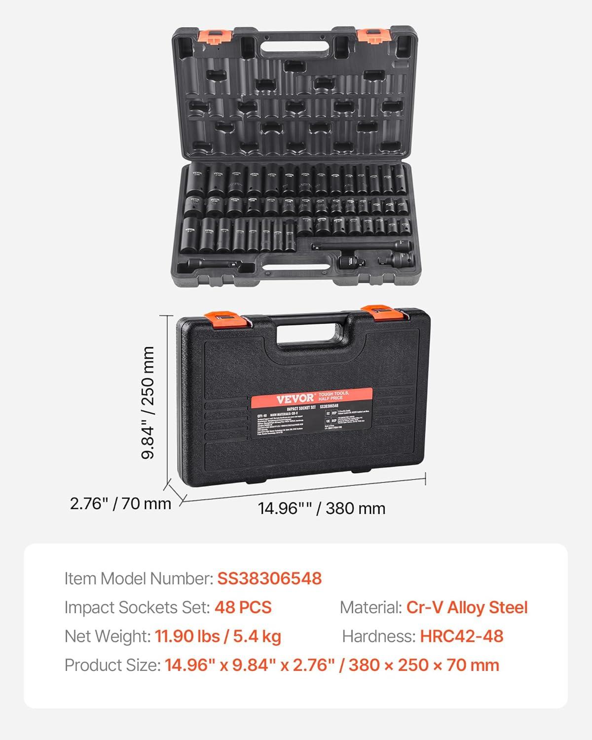 image:imageVEVOR 96 Piece 38 Drive Impact Socket Wrench and Bit Set SAE 516 to 34 amp Metric 8 to 22 mm CRV Deep amp Shallow 6 Point Ratchet Universal Joint Bit Holder Adapters Spark Plug Socket38 48PCS