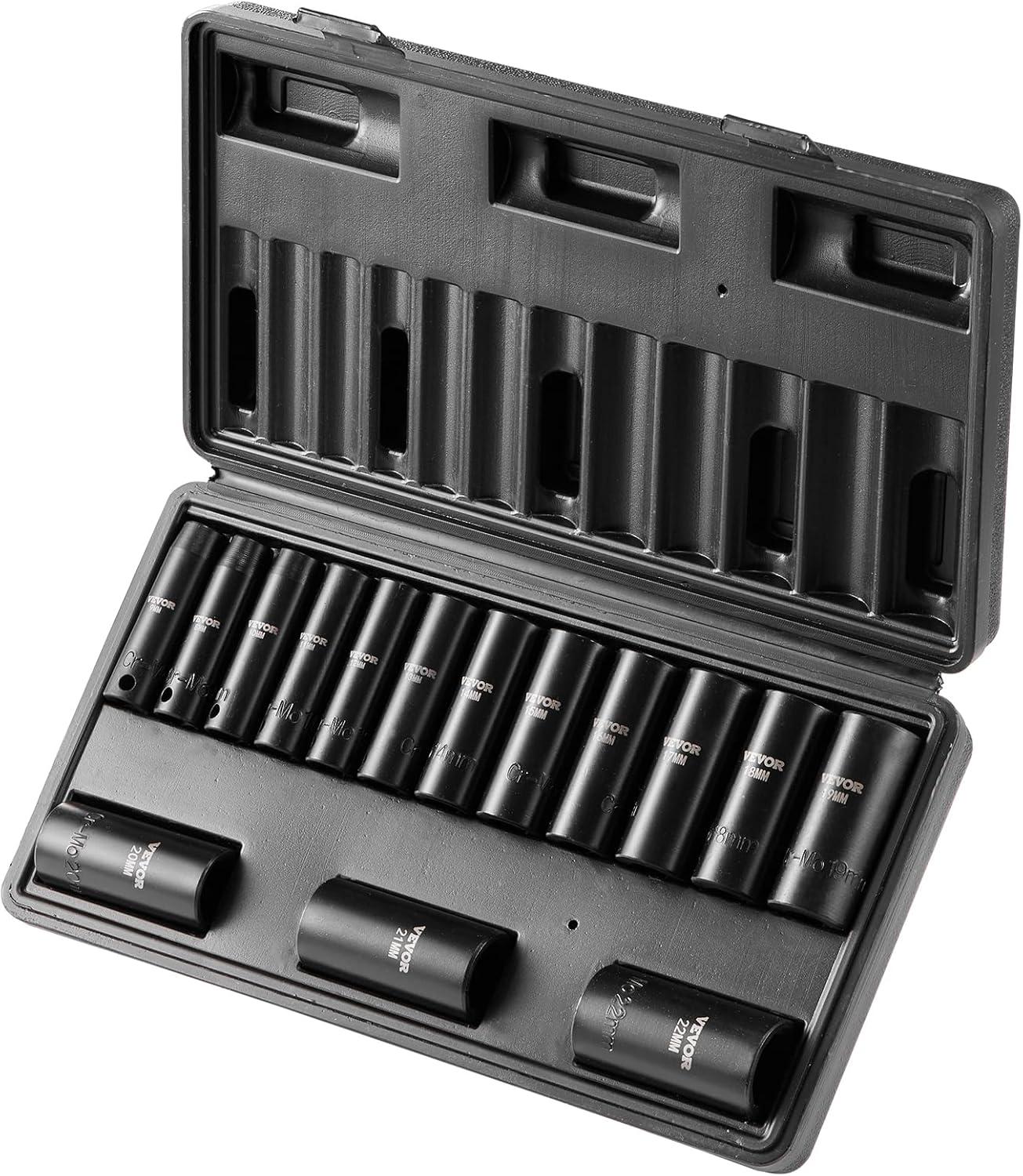 image:imageVEVOR 96 Piece 38 Drive Impact Socket Wrench and Bit Set SAE 516 to 34 amp Metric 8 to 22 mm CRV Deep amp Shallow 6 Point Ratchet Universal Joint Bit Holder Adapters Spark Plug Socket38 15PCS CRMO