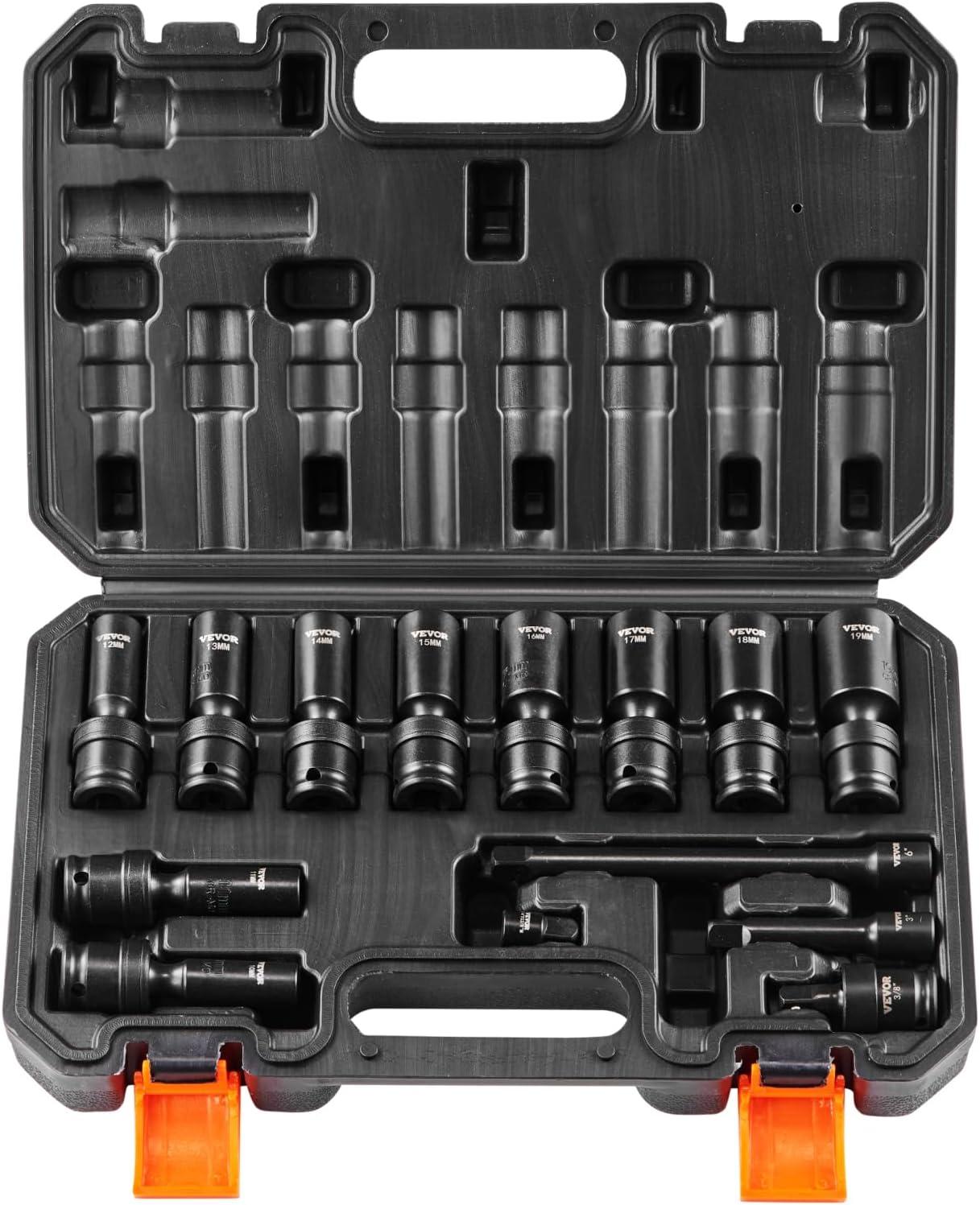 image:imageVEVOR 96 Piece 38 Drive Impact Socket Wrench and Bit Set SAE 516 to 34 amp Metric 8 to 22 mm CRV Deep amp Shallow 6 Point Ratchet Universal Joint Bit Holder Adapters Spark Plug Socket38 14PCS Universal CRMO