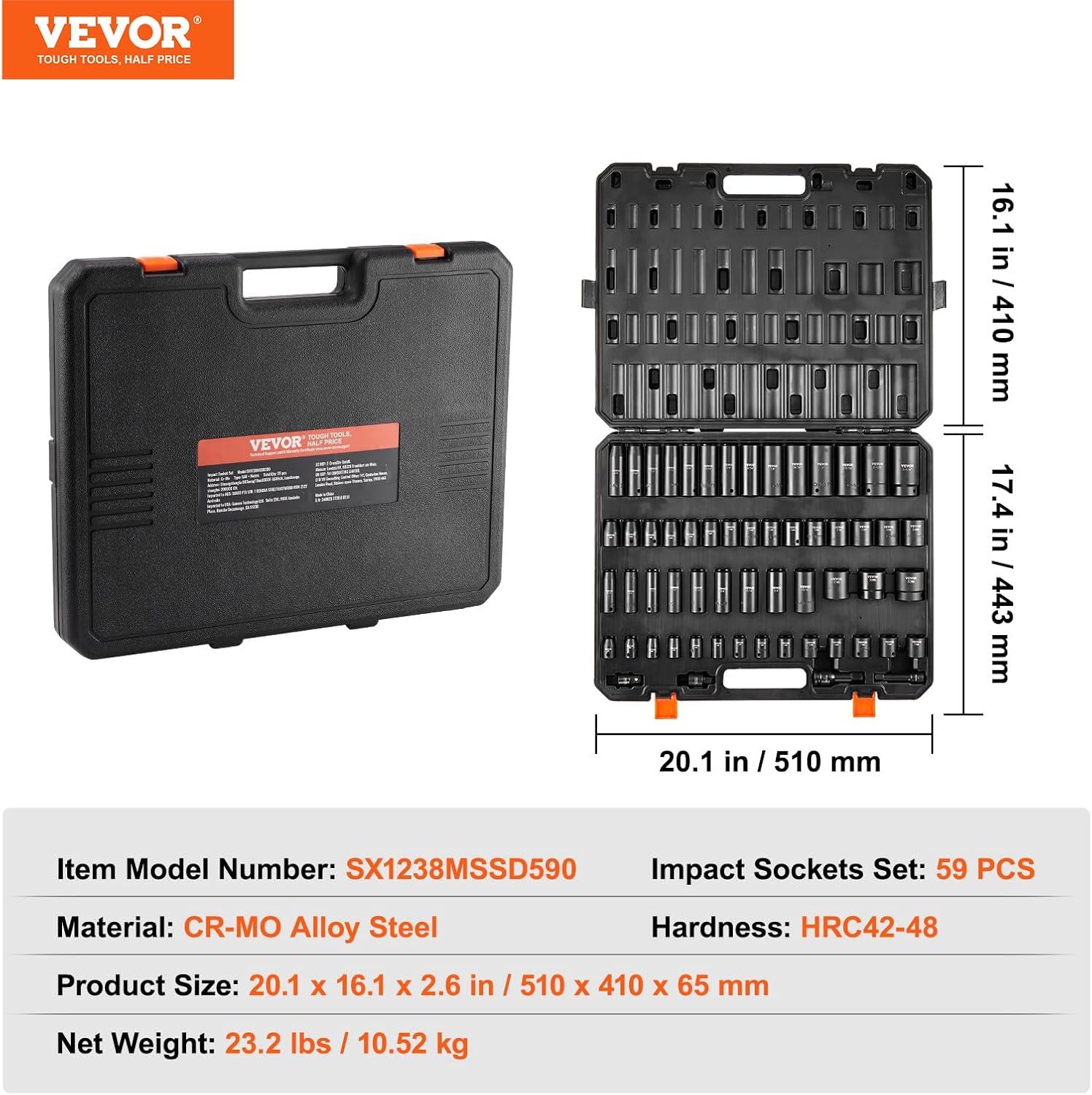 image:imageVEVOR 96 Piece 38 Drive Impact Socket Wrench and Bit Set SAE 516 to 34 amp Metric 8 to 22 mm CRV Deep amp Shallow 6 Point Ratchet Universal Joint Bit Holder Adapters Spark Plug Socket12 38 59PCS CRMO