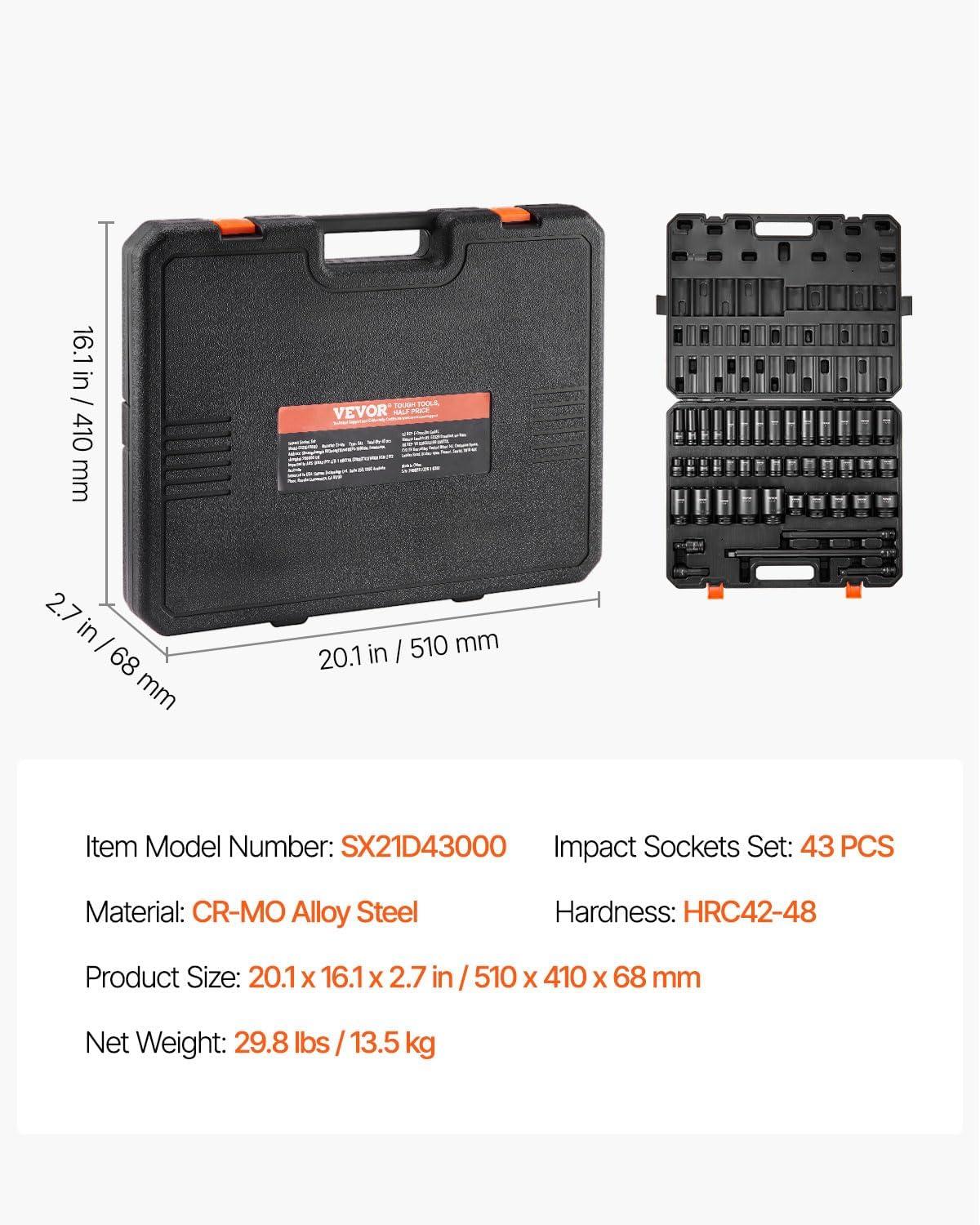 image:imageVEVOR 96 Piece 38 Drive Impact Socket Wrench and Bit Set SAE 516 to 34 amp Metric 8 to 22 mm CRV Deep amp Shallow 6 Point Ratchet Universal Joint Bit Holder Adapters Spark Plug Socket12 43PCS CRMO