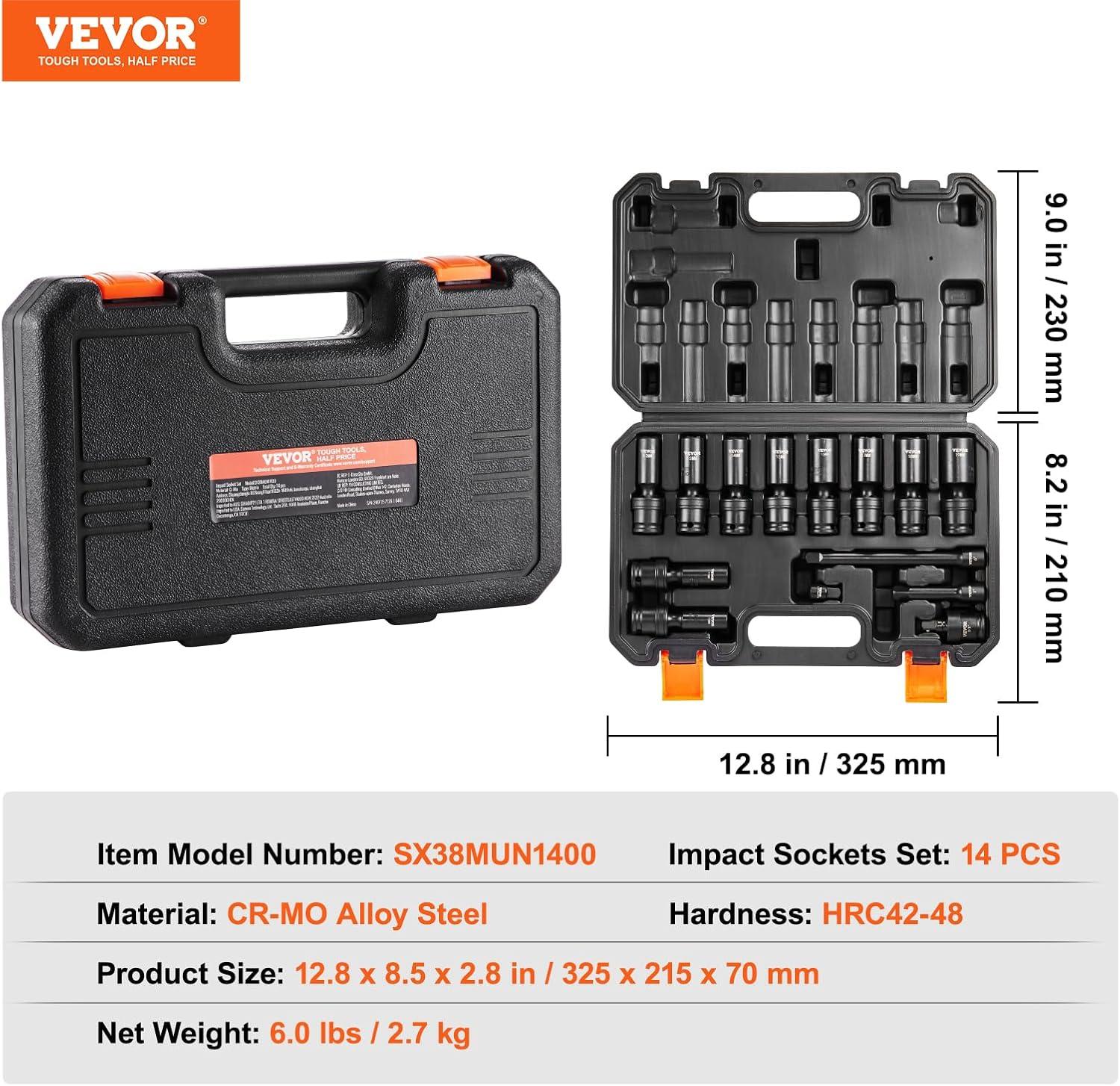 image:imageVEVOR 96 Piece 38 Drive Impact Socket Wrench and Bit Set SAE 516 to 34 amp Metric 8 to 22 mm CRV Deep amp Shallow 6 Point Ratchet Universal Joint Bit Holder Adapters Spark Plug Socket38 14PCS Universal CRMO