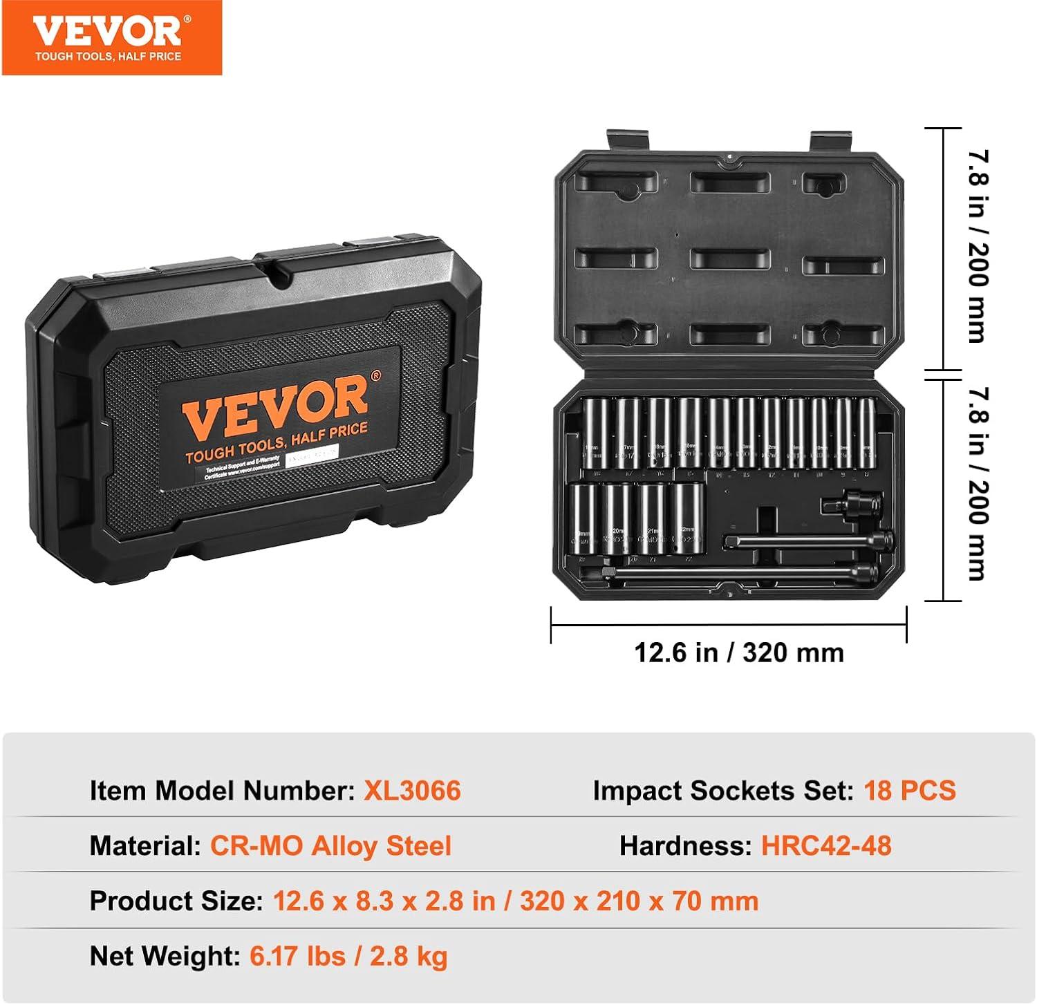 image:imageVEVOR 96 Piece 38 Drive Impact Socket Wrench and Bit Set SAE 516 to 34 amp Metric 8 to 22 mm CRV Deep amp Shallow 6 Point Ratchet Universal Joint Bit Holder Adapters Spark Plug Socket38 18PCS