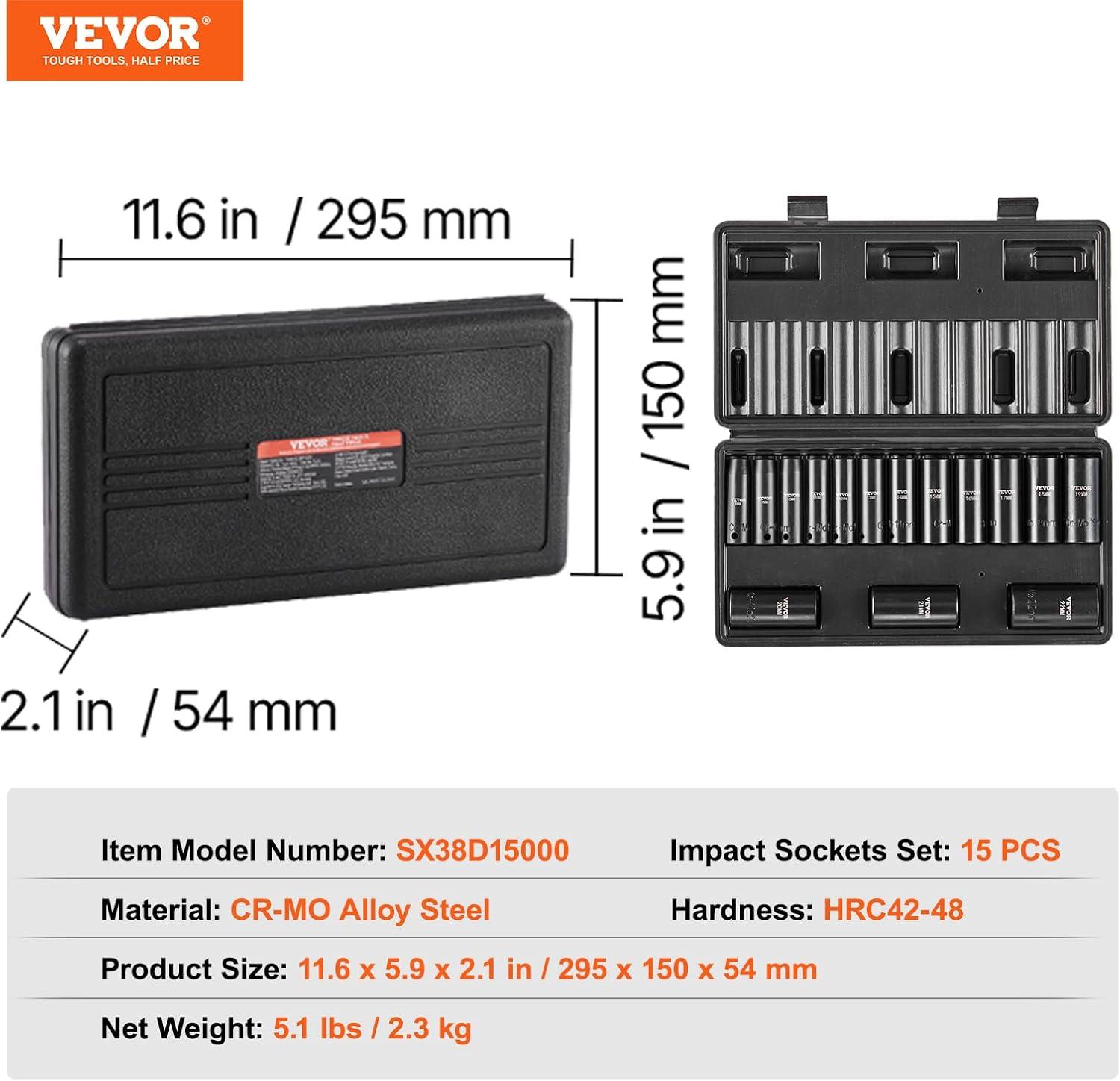 image:imageVEVOR 96 Piece 38 Drive Impact Socket Wrench and Bit Set SAE 516 to 34 amp Metric 8 to 22 mm CRV Deep amp Shallow 6 Point Ratchet Universal Joint Bit Holder Adapters Spark Plug Socket38 15PCS CRMO