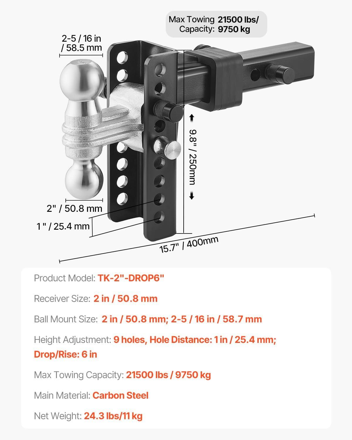 image:imageVEVOR Adjustable Trailer Hitch 6Inch Drop Hitch Ball Mount Fit 2 Receiver Heavy Duty Trailer Tow Hitch with 2 Balls 12500 lbs amp 2516 Balls 21500 lbs Receiver Hitch with AntiTheft Pin