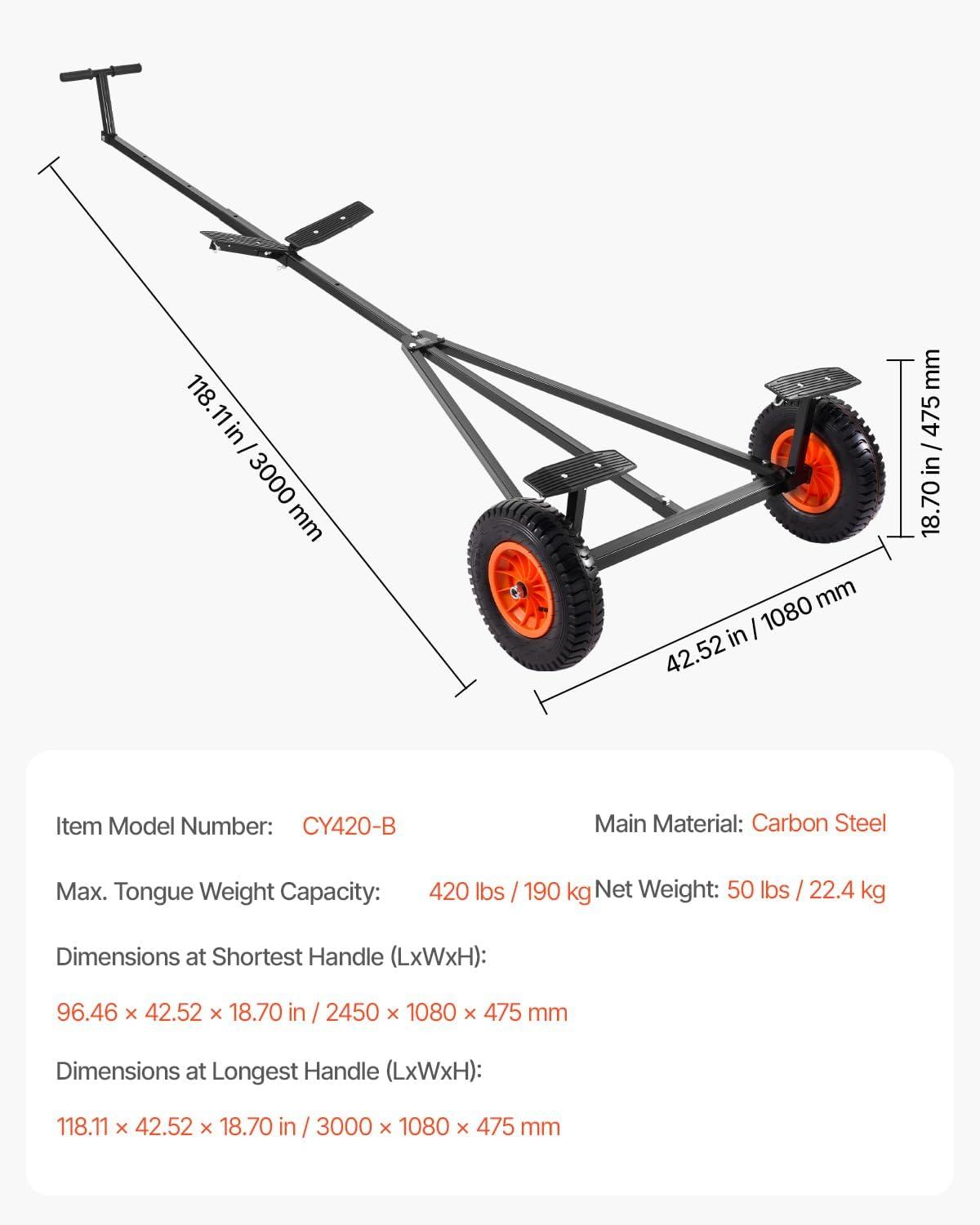 image:imageVEVOR Boat Trailer Dolly 420lbs Load Capacity Carbon Steel Trailer Mover with Adjustable Length 157 in Pneumatic Tires and Nonslip Support Bracket for Moving Kayak Motorboat Fishing Boat420lbs