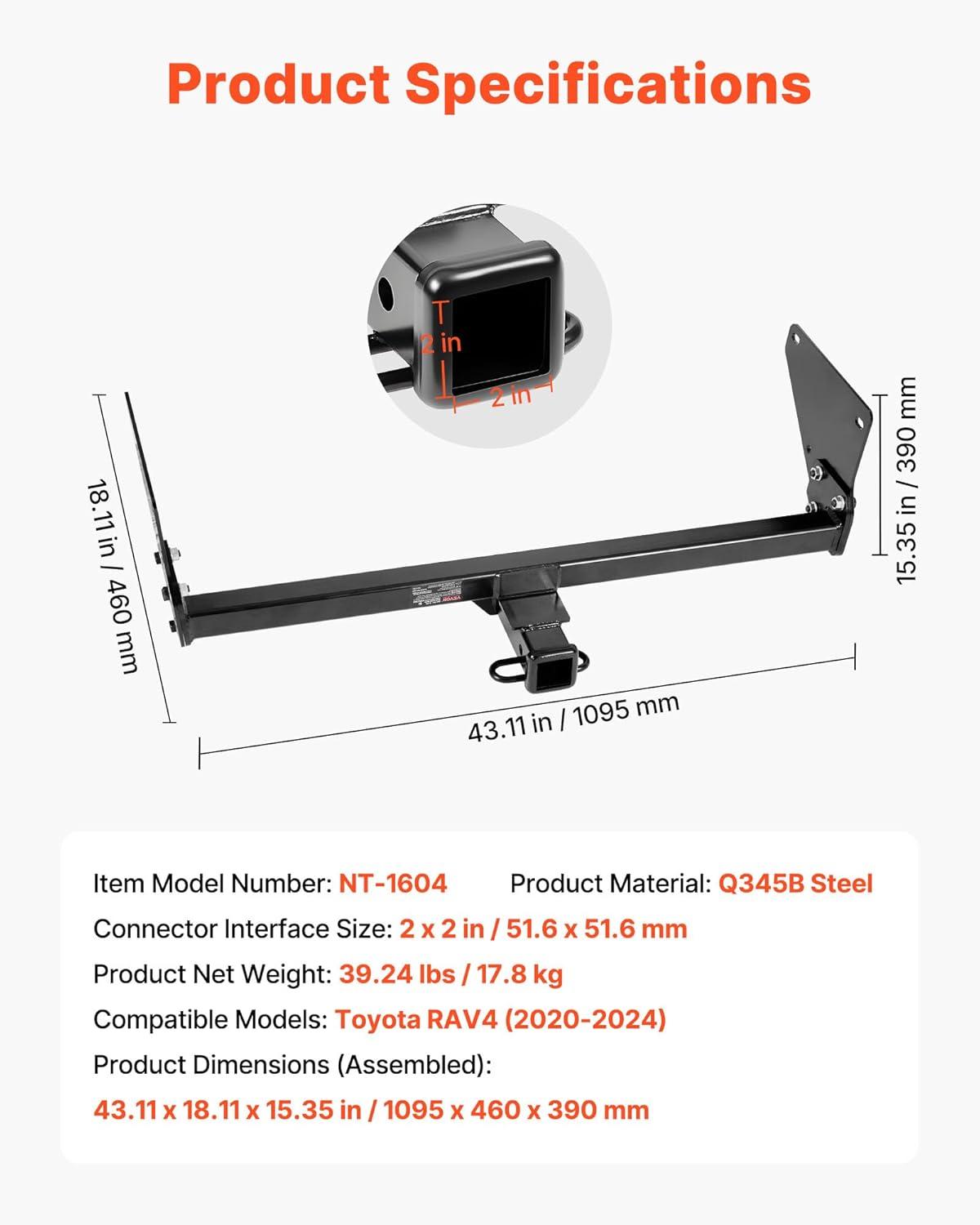 image:imageVEVOR Class 3 Trailer Hitch 2Inch Receiver Compatible with 20112021 Jeep Grand Cherokee Q345B Steel Tube Frame MultiFit Hitch to Receive Ball Mount Cargo Carrier Bike Rack Tow Hook Black20202024 Toyota RAV4