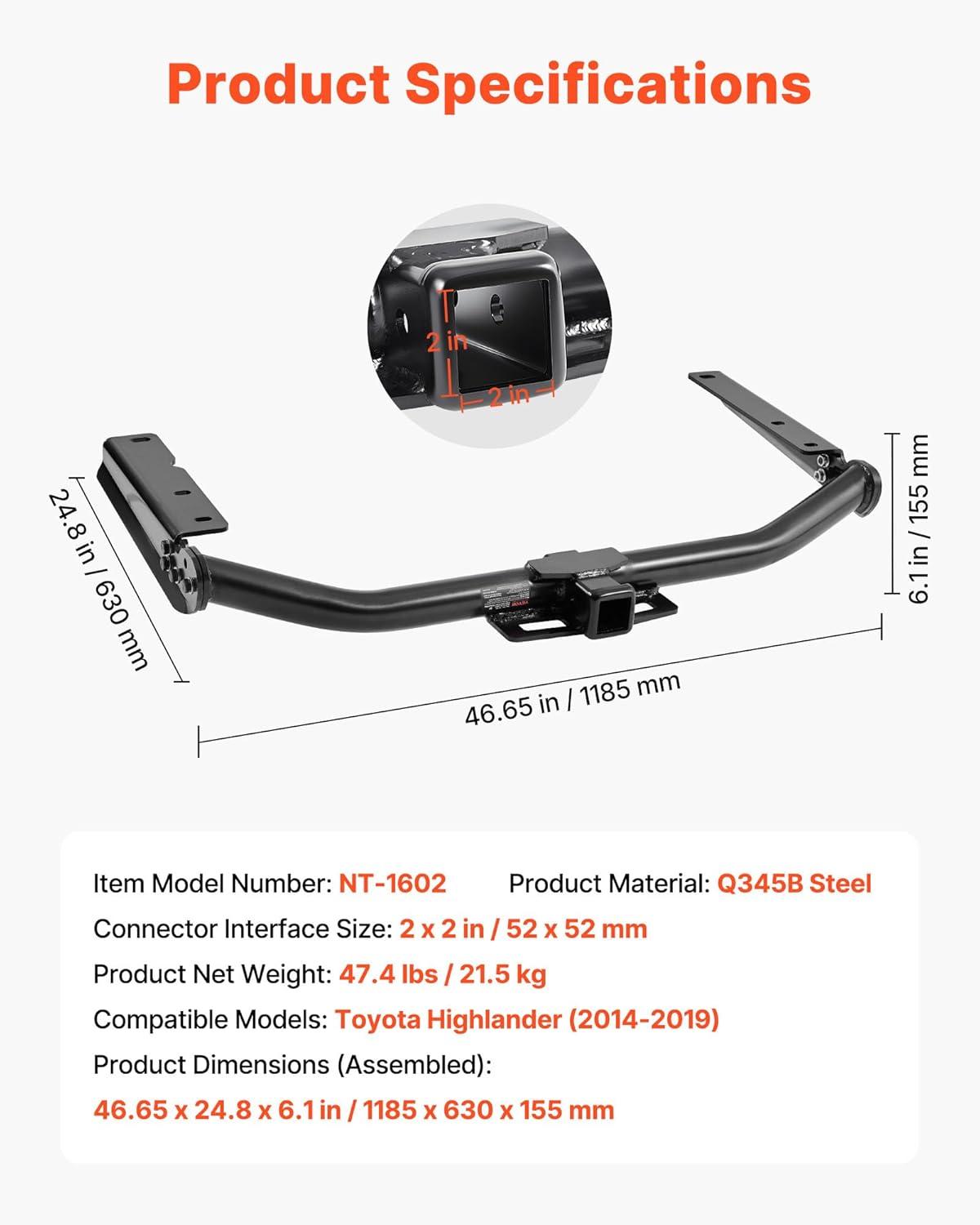 image:imageVEVOR Class 3 Trailer Hitch 2Inch Receiver Compatible with 20112021 Jeep Grand Cherokee Q345B Steel Tube Frame MultiFit Hitch to Receive Ball Mount Cargo Carrier Bike Rack Tow Hook Black20142019 Toyota Highlander