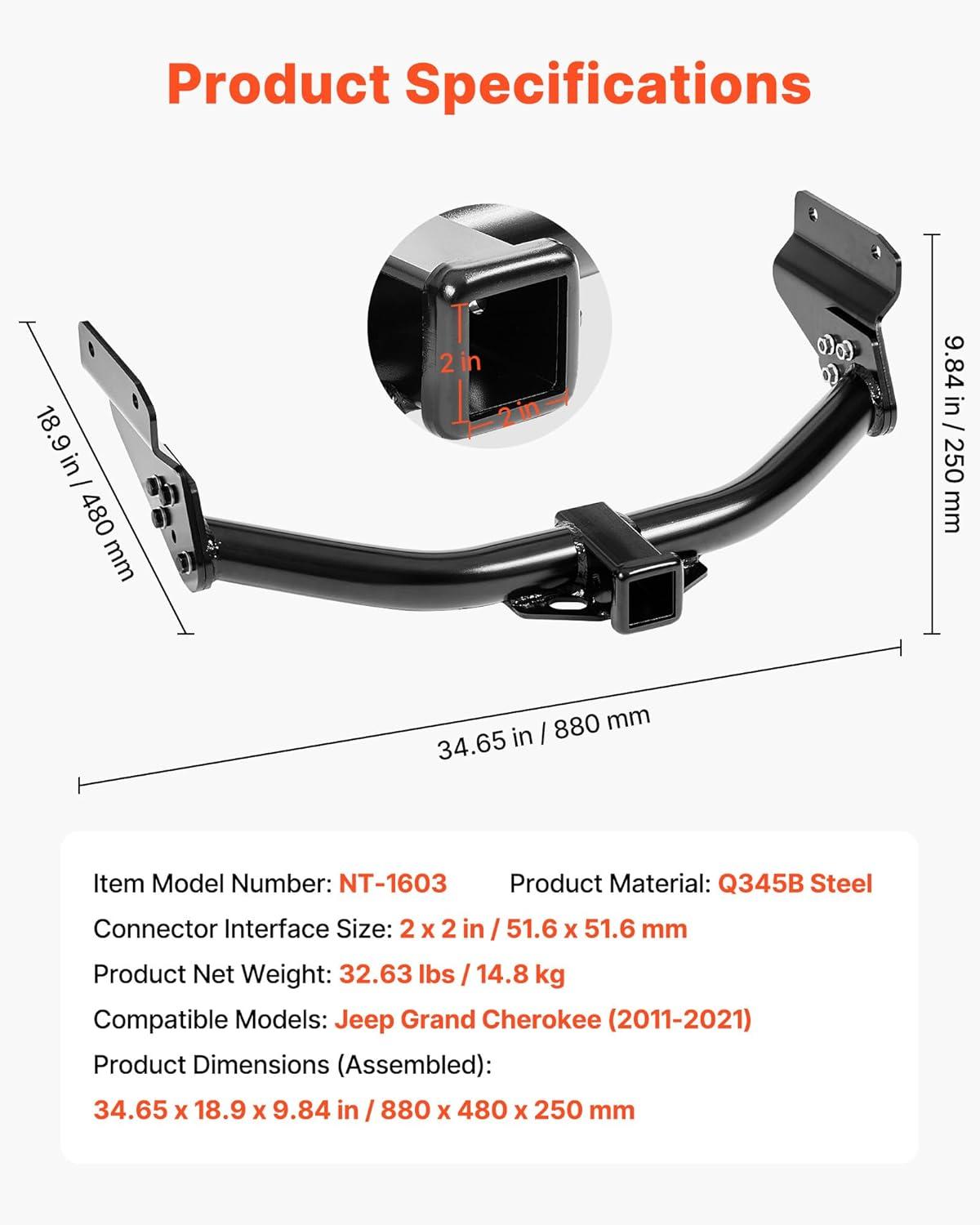 image:imageVEVOR Class 3 Trailer Hitch 2Inch Receiver Compatible with 20112021 Jeep Grand Cherokee Q345B Steel Tube Frame MultiFit Hitch to Receive Ball Mount Cargo Carrier Bike Rack Tow Hook Black20112021 Jeep Grand Cherokee