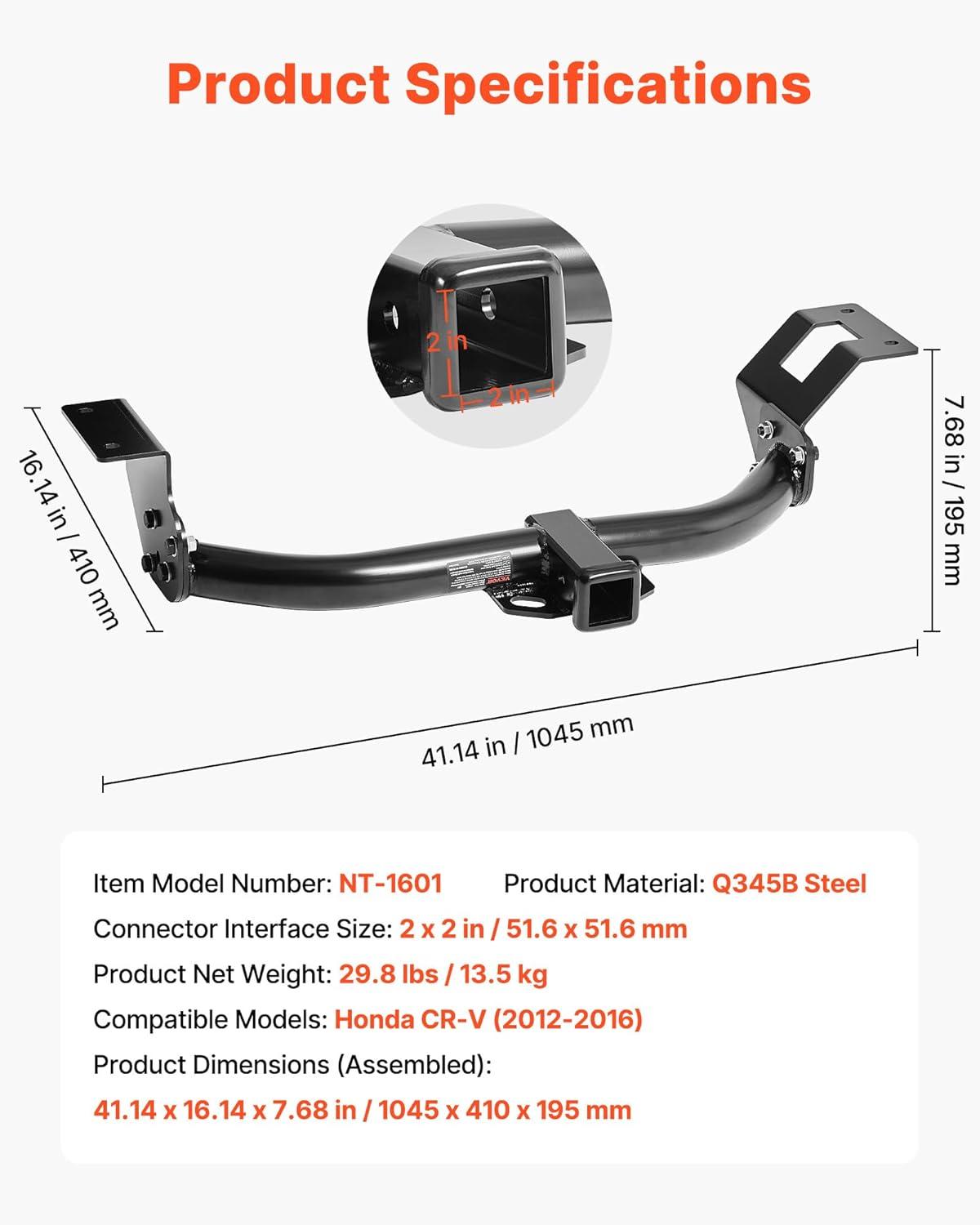 image:imageVEVOR Class 3 Trailer Hitch 2Inch Receiver Compatible with 20112021 Jeep Grand Cherokee Q345B Steel Tube Frame MultiFit Hitch to Receive Ball Mount Cargo Carrier Bike Rack Tow Hook Black20122016 Honda CRV
